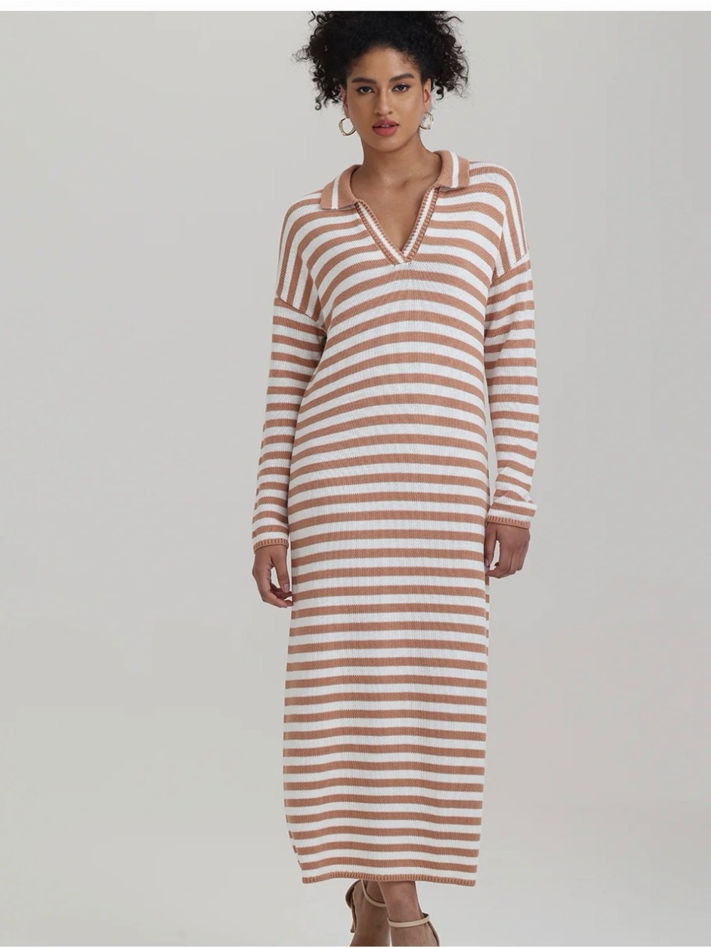 525 America Striped Midi Polo Dress in Cream & Tan